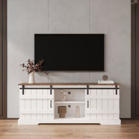 Farmhouse Sliding white Barn Door TV Stand for 80 inch TV Stands, Open Storage Cabinet for Living Room Bedroom