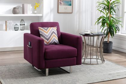 Victoria Purple Linen Fabric Armchair with Metal Legs; Side Pockets; and Pillow
