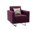 Victoria Purple Linen Fabric Armchair with Metal Legs; Side Pockets; and Pillow